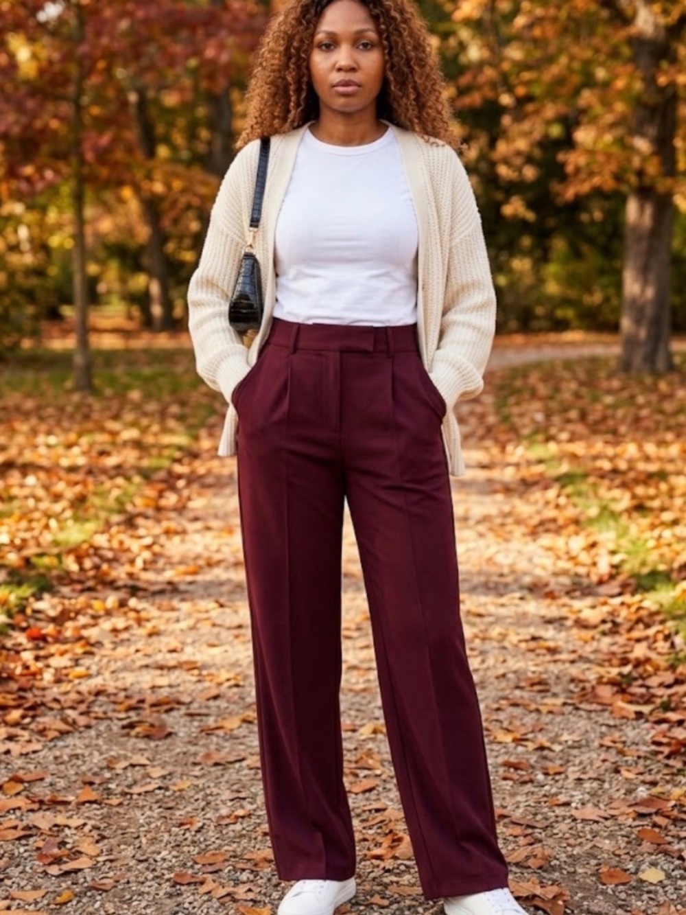 Women burgundy wide leg trousers